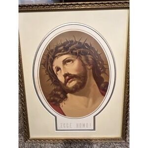 VTG Jesus Ecce Crown Of Thorns Homo Print 15x19 Gold Wooden Frame Christ